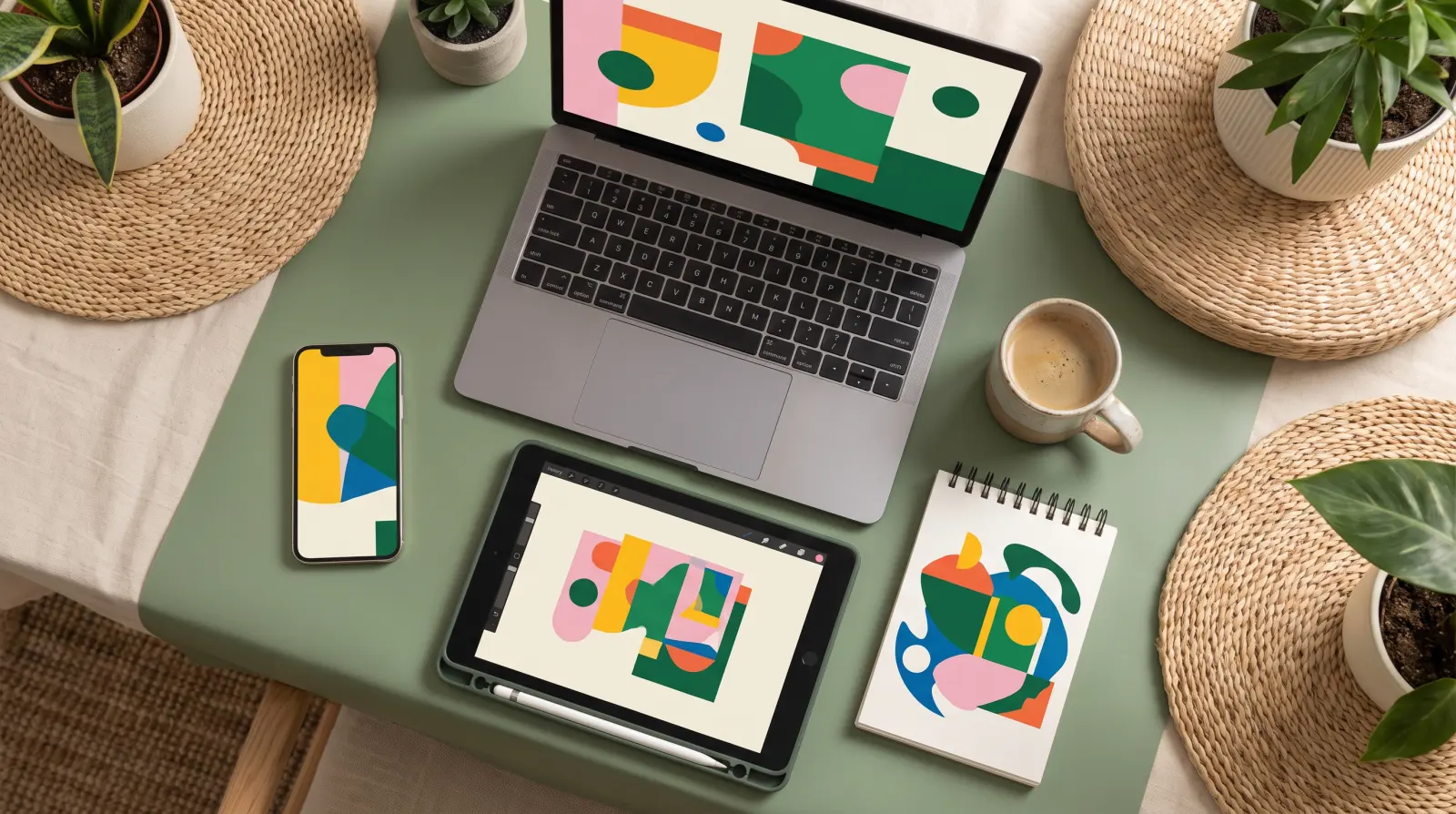 Bureau d’un créateur vu de dessus : ordinateur, tablette, téléphone et carnet affichant des créations