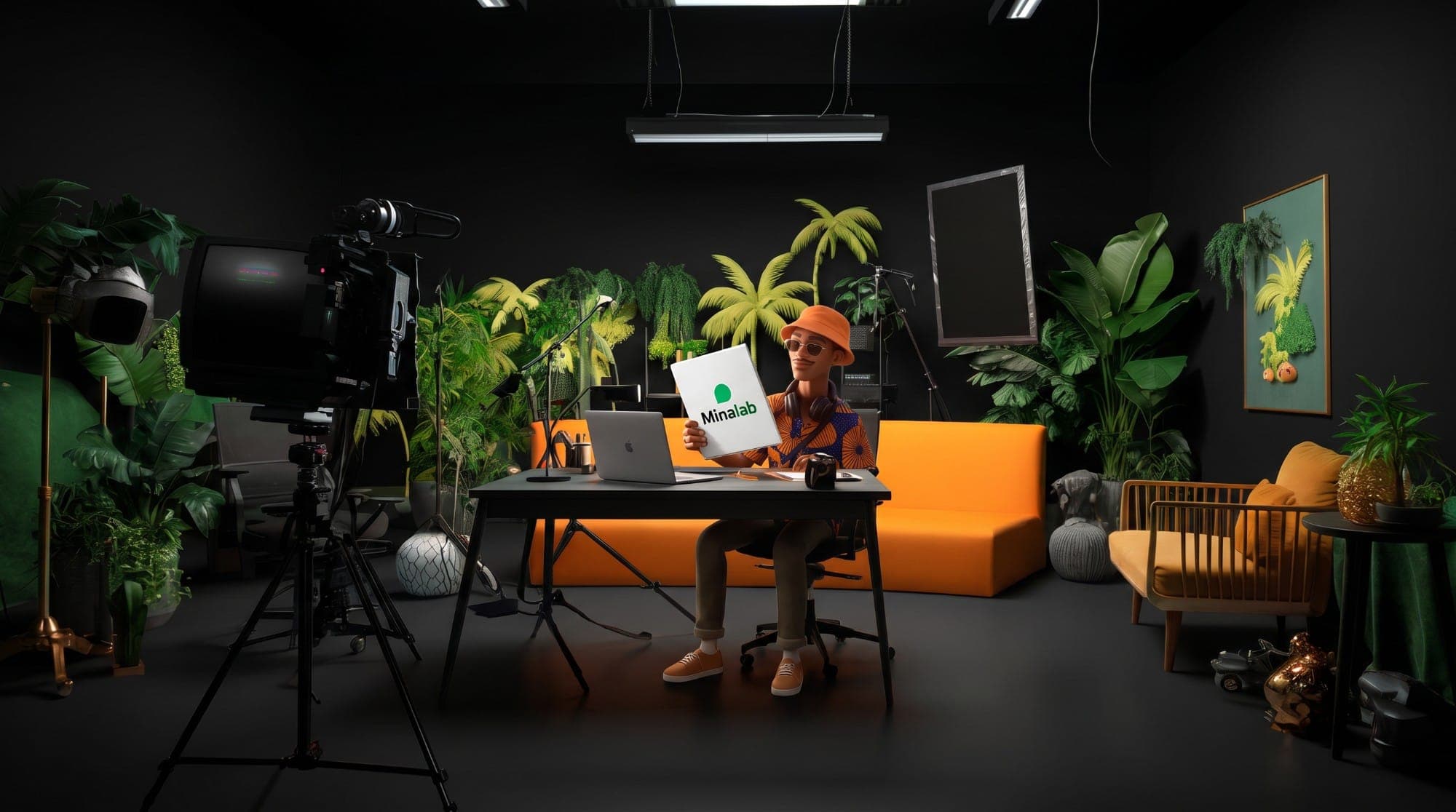 Un créateur tient une affiche MinaLab dans un studio de tournage équipé : caméra, projecteurs, plantes et canapé orange.