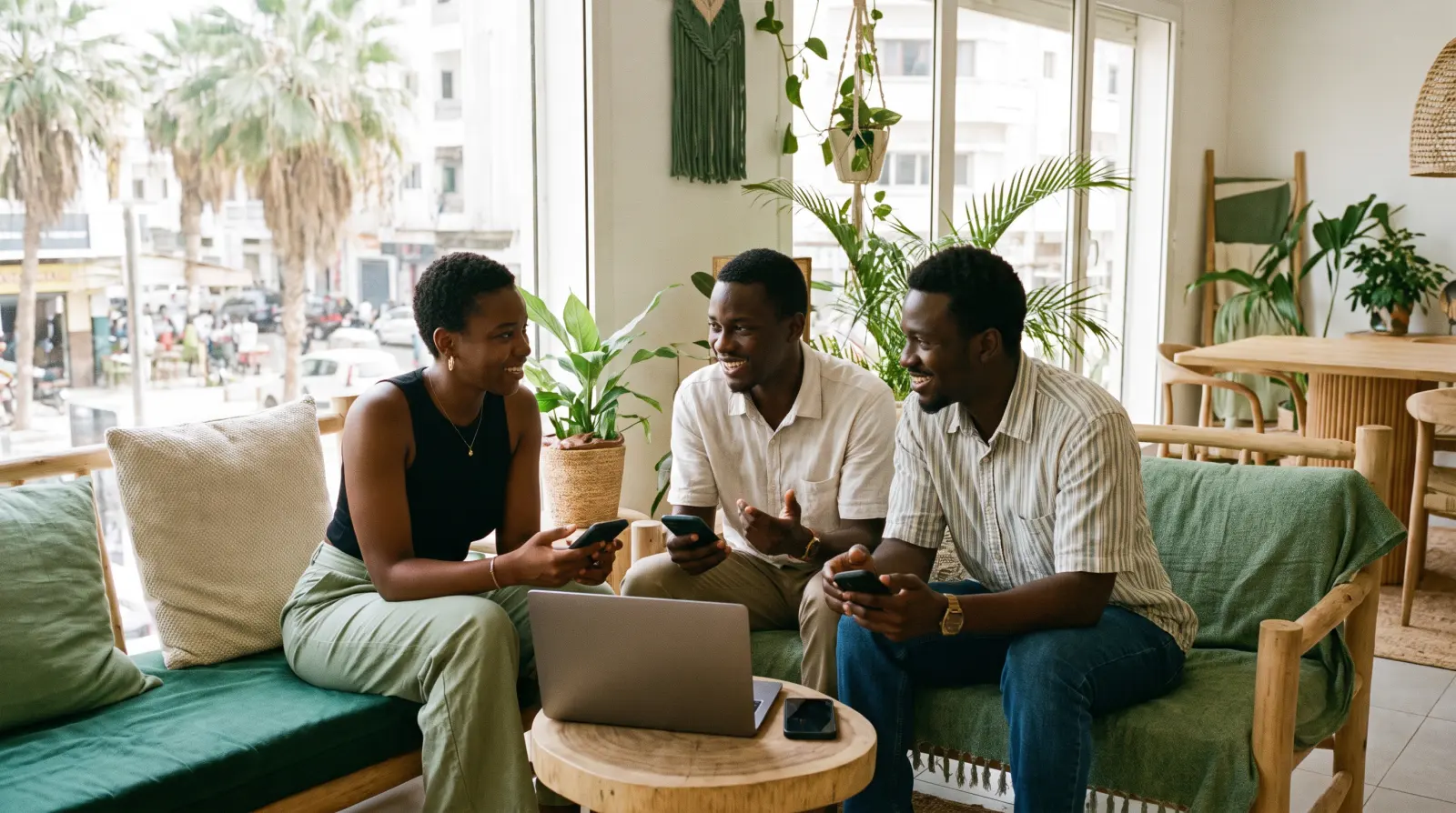 Trois jeunes entrepreneurs échangent autour d’un ordinateur, téléphones en main